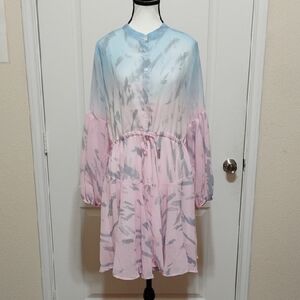 Elegant Pink and Blue Long Sleeve Dress